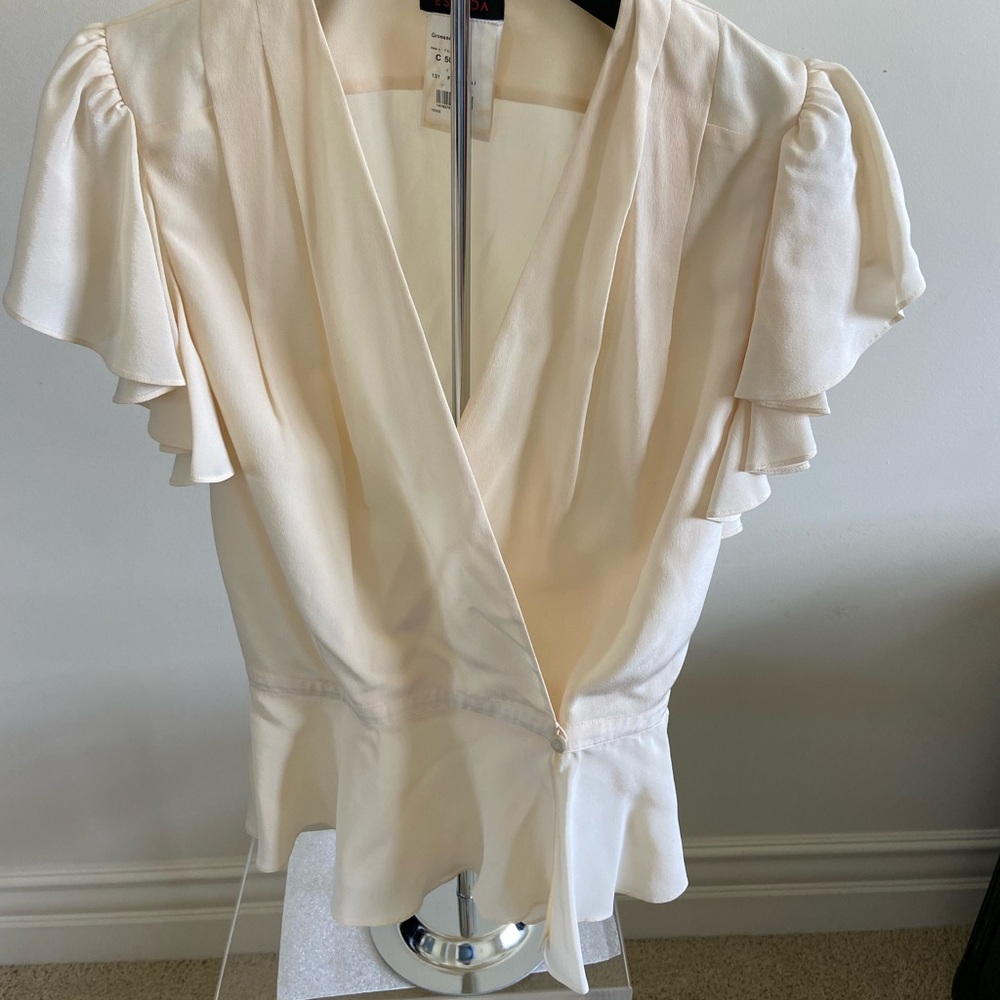 Escada Cream Ruffled Peplum Blouse with Flutter Sleeves